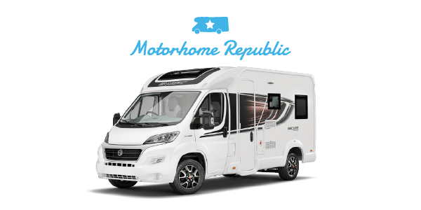 motorhome republic logo campervan A campervan with the motorhome republic logo above it.